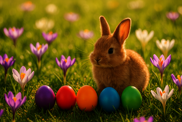 Bild eines Osterhasen auf einer grünen Wiese, vor ihm bunte Ostereier, Blumen um die Szenerie herum